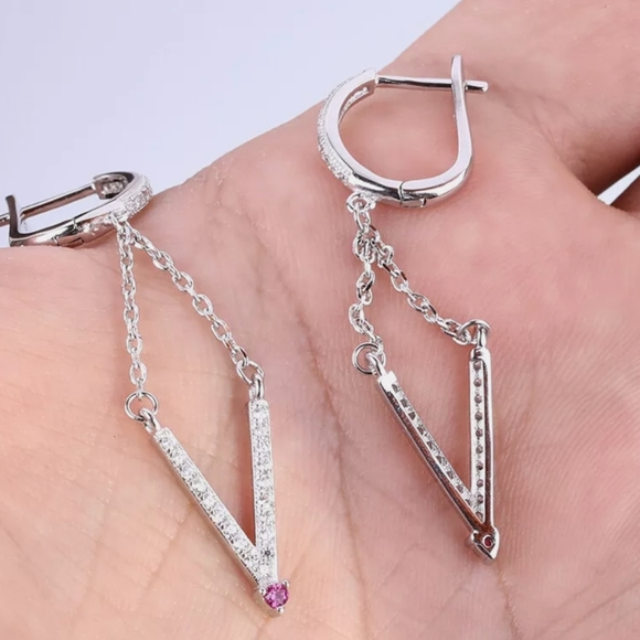 Sterling silver White Sapphire & Ruby "V" initial earrings - Picture 3 of 3